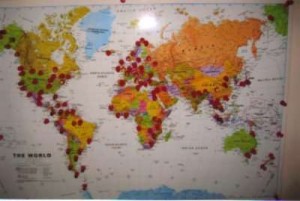 Shirley Woods' map of travels The thumbtacks represent the places Shirley Woods has visited.